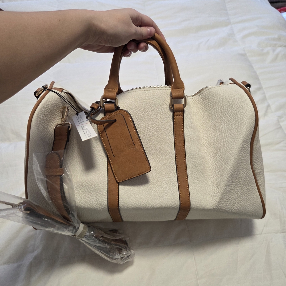 NWT Sole Society Cream and Cognac Weekender Bag